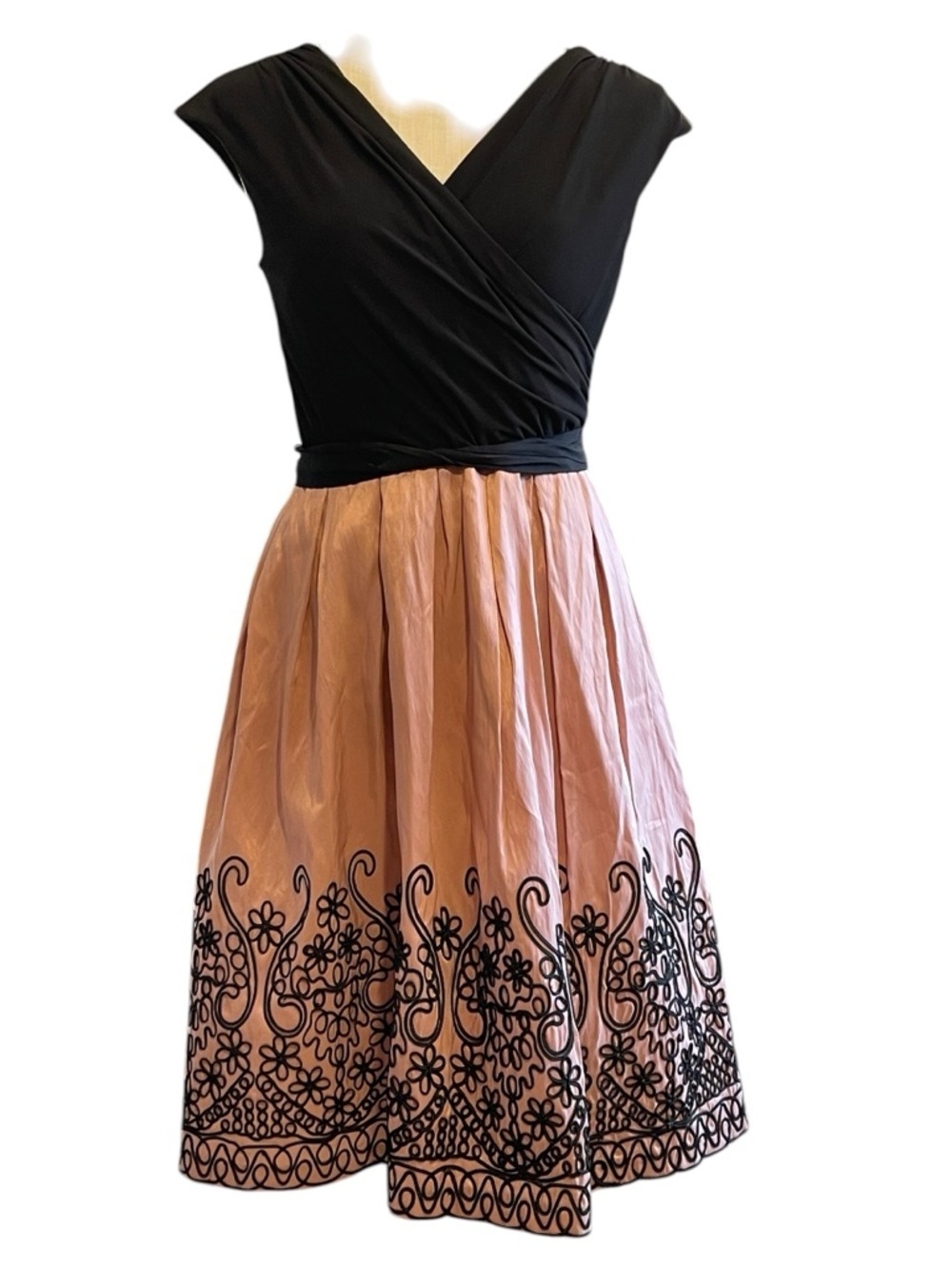 SL Fashions Black & Blush Embroidered Wrap Midi Dress - Picture 2 of 9